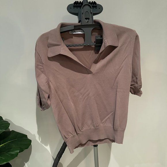 Zara Sweaters - Zara S/S Knit Mauve Grey Cropped Polo Top - Size Small